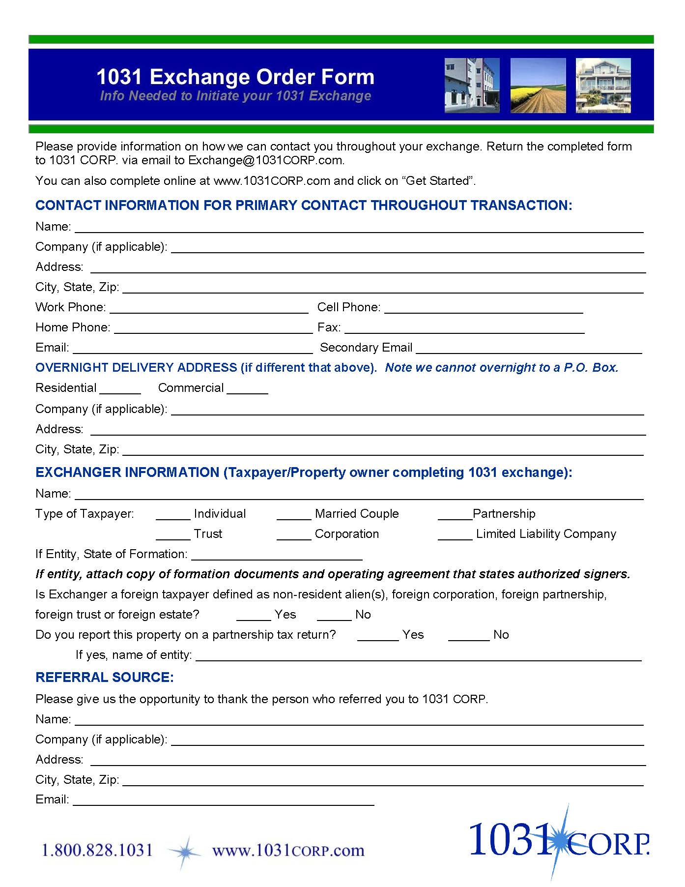 1031 Exchange Order Form
